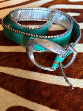 Vintage Teal Women's Leather Belt with Silver Buckle Southwestern